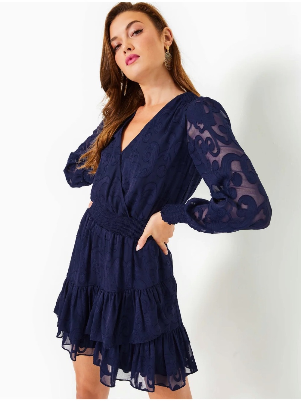 BNWT Lilly PulitzerCristiana Long Sleeve Dress - True Navy Poly Crepe Swirl Clip